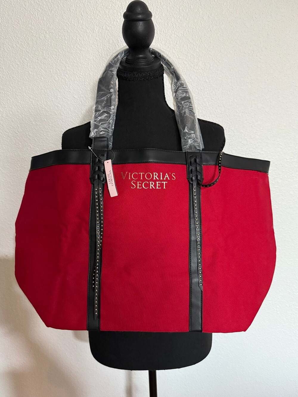 Victoria's Secret Limited Edition Red Canvas Tote Bag with Black Studded Fringe